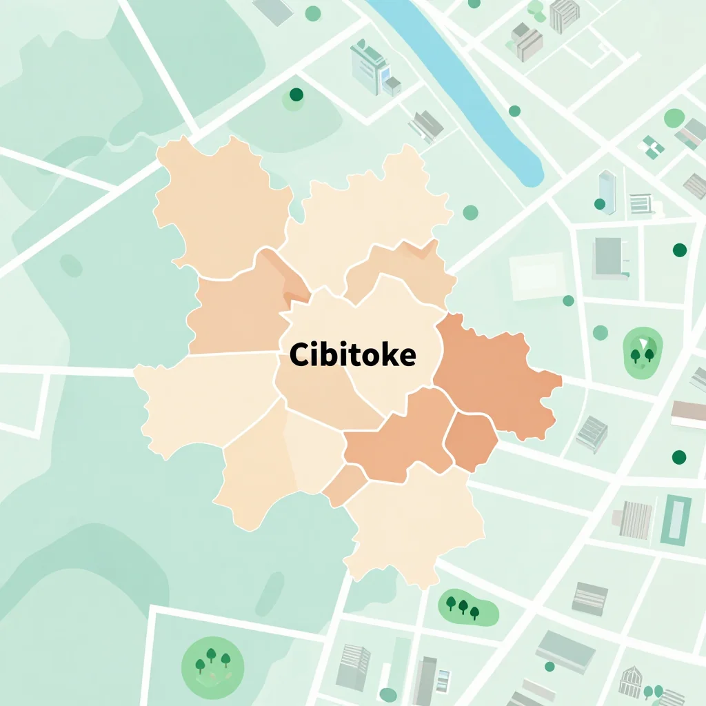 Isometric flat design tourist map of Cibitoke, Burundi showing landmarks, attractions, and points of interest