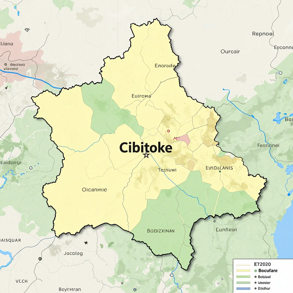 Political map showing borders, administrative divisions, major cities, and capital of Cibitoke, Burundi