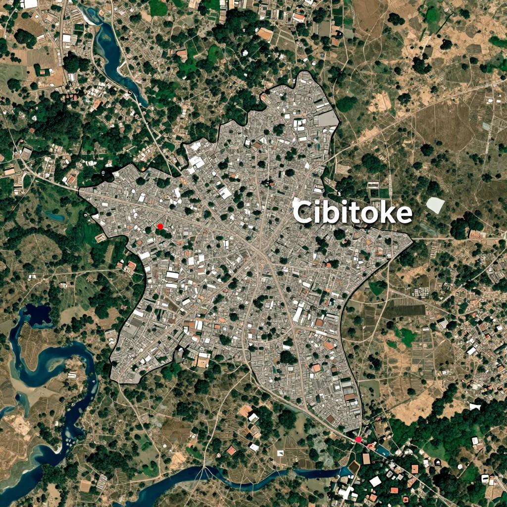 High-resolution satellite image of Cibitoke, Burundi showing land cover, urban areas, and natural features from space