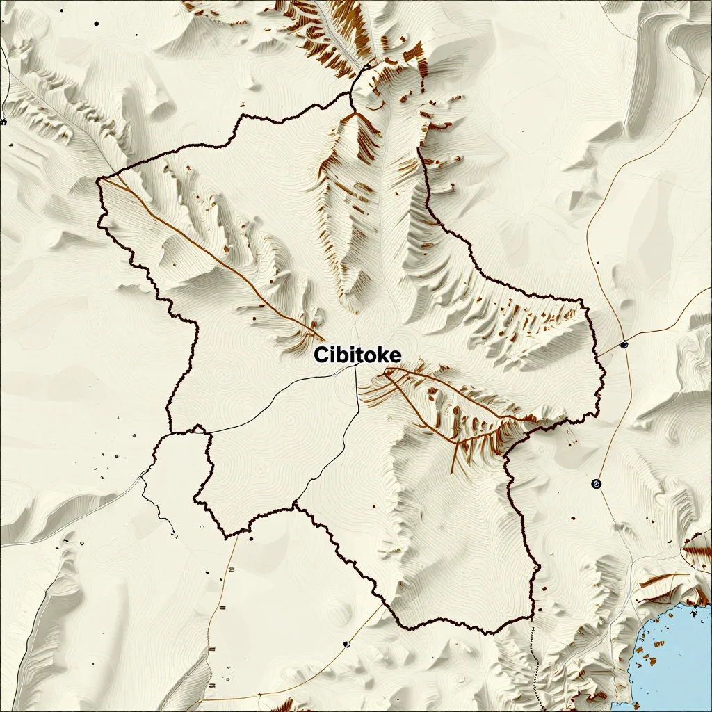 3D topographic map showing elevation contours, mountain ranges, and terrain features of Cibitoke, Burundi