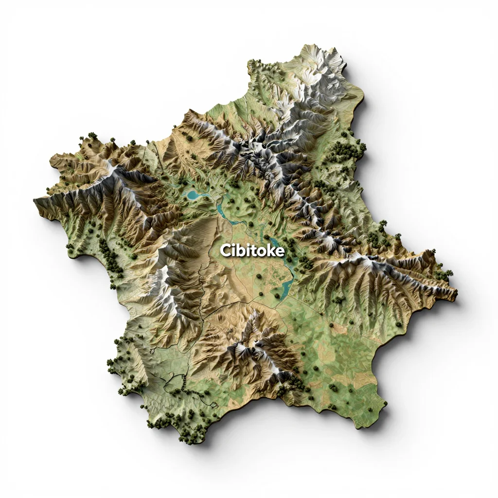 Isometric 3D topographic visualization showing elevation and terrain of Cibitoke, Burundi