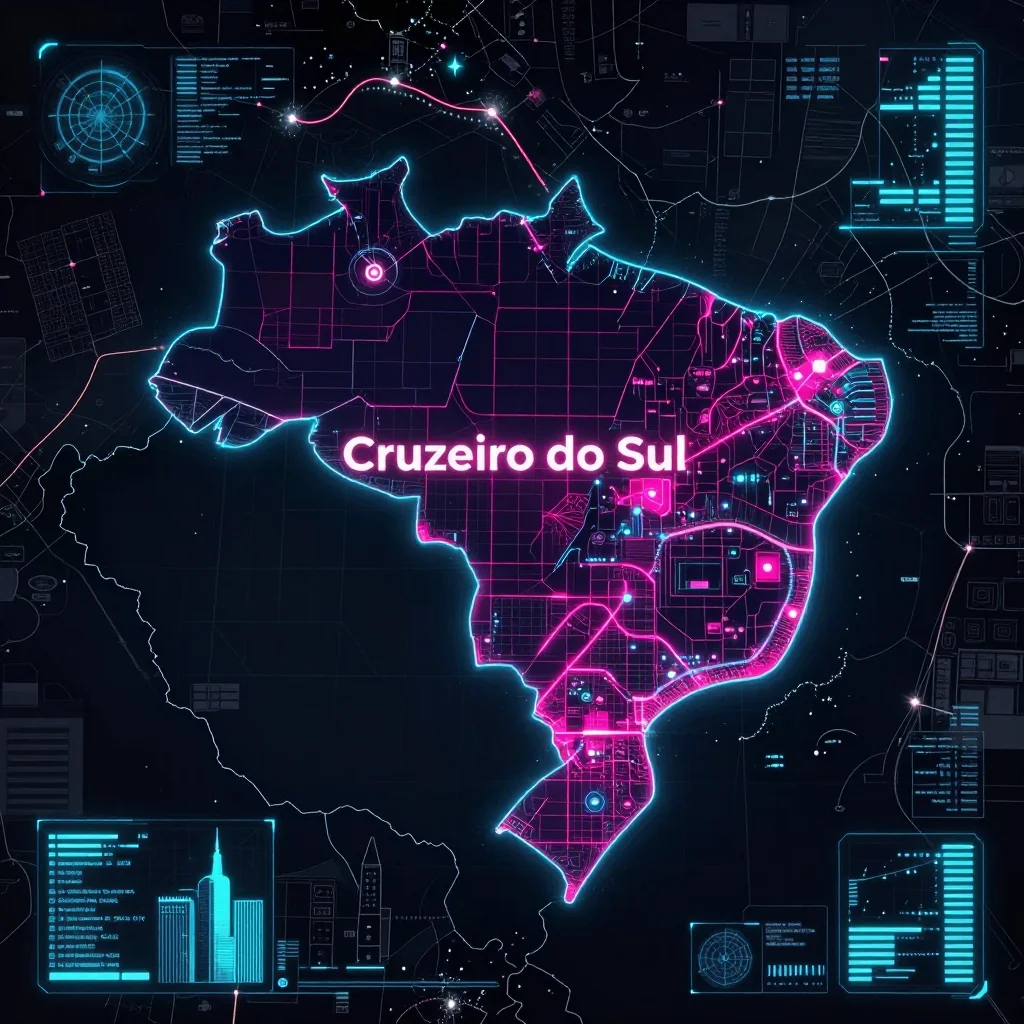 Cyberpunk style digital map of Cruzeiro do Sul, Brazil with neon grid lines and futuristic UI design