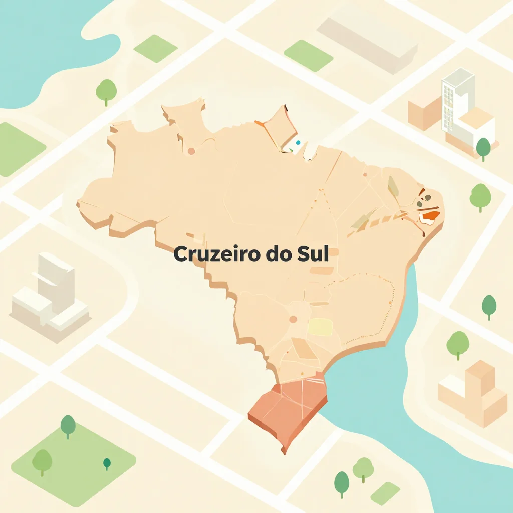 Isometric flat design tourist map of Cruzeiro do Sul, Brazil showing landmarks, attractions, and points of interest