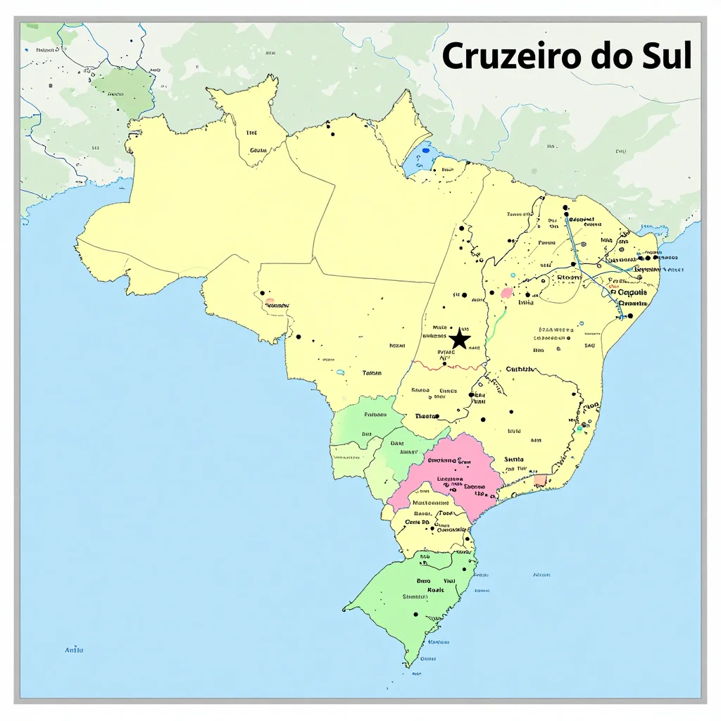 Political map showing borders, administrative divisions, major cities, and capital of Cruzeiro do Sul, Brazil