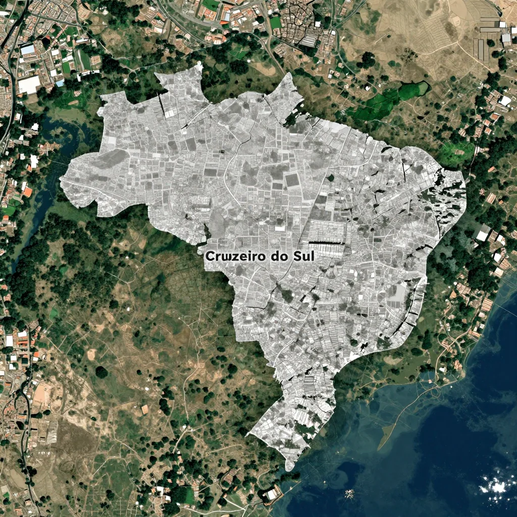 High-resolution satellite image of Cruzeiro do Sul, Brazil showing land cover, urban areas, and natural features from space