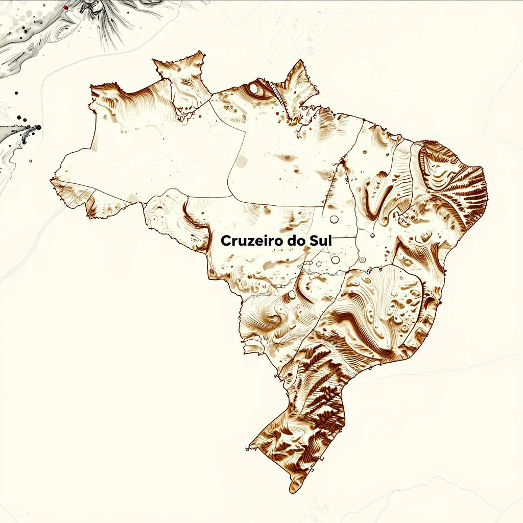 3D topographic map showing elevation contours, mountain ranges, and terrain features of Cruzeiro do Sul, Brazil
