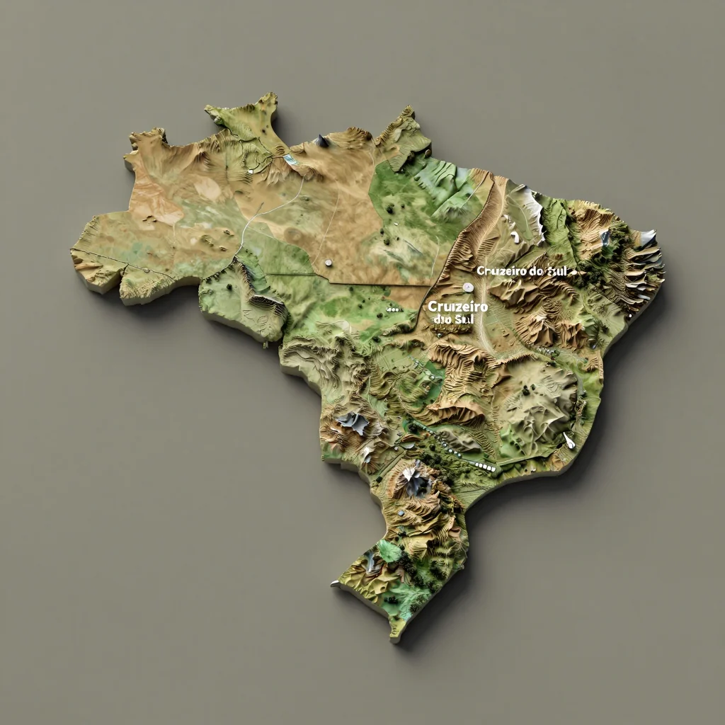 Isometric 3D topographic visualization showing elevation and terrain of Cruzeiro do Sul, Brazil