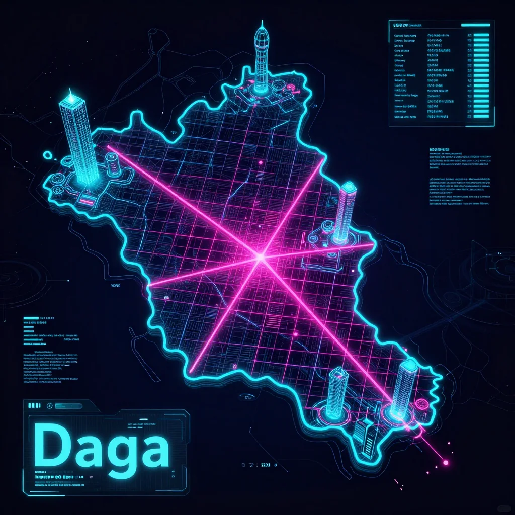 Cyberpunk style digital map of Daga, Bhutan with neon grid lines and futuristic UI design