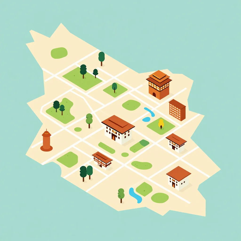 Isometric flat design tourist map of Daga, Bhutan showing landmarks, attractions, and points of interest