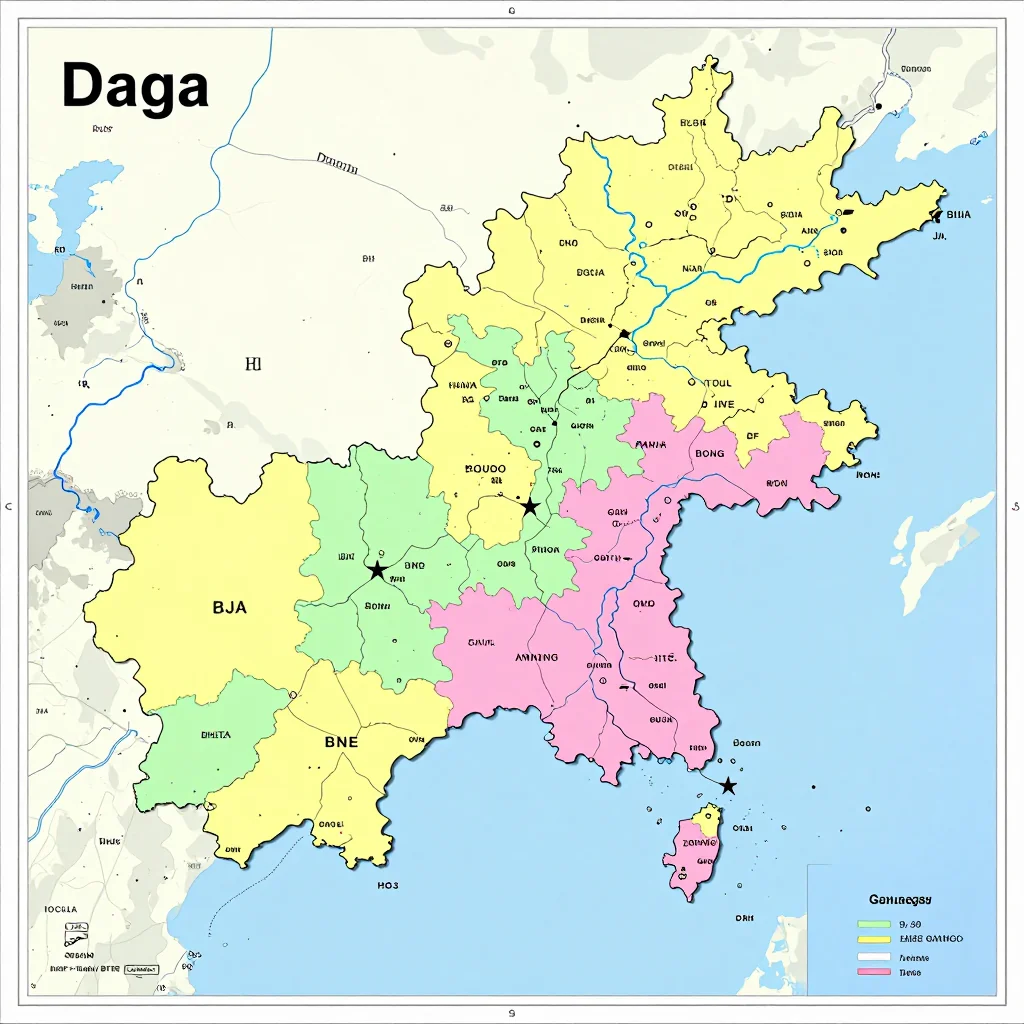 Political map showing borders, administrative divisions, major cities, and capital of Daga, Bhutan