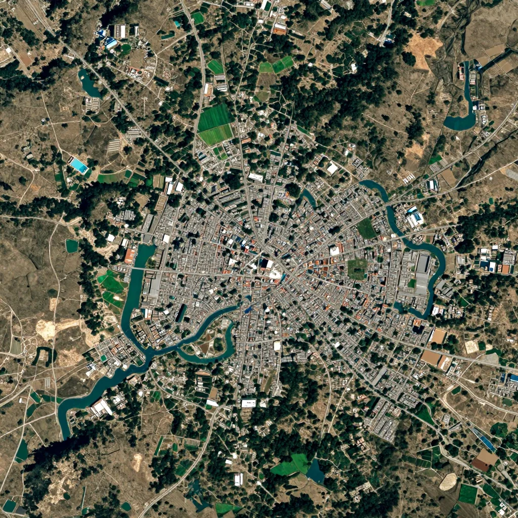 High-resolution satellite image of Daga, Bhutan showing land cover, urban areas, and natural features from space