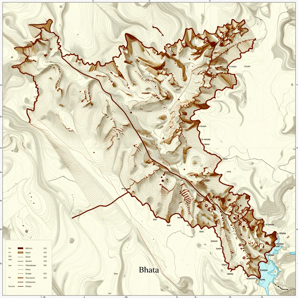 3D topographic map showing elevation contours, mountain ranges, and terrain features of Daga, Bhutan