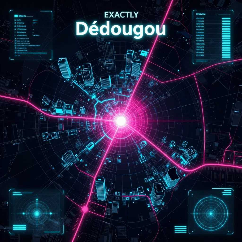 Cyberpunk style digital map of Dédougou, Burkina Faso with neon grid lines and futuristic UI design
