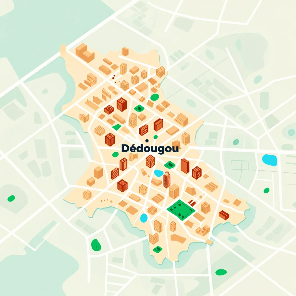 Isometric flat design tourist map of Dédougou, Burkina Faso showing landmarks, attractions, and points of interest