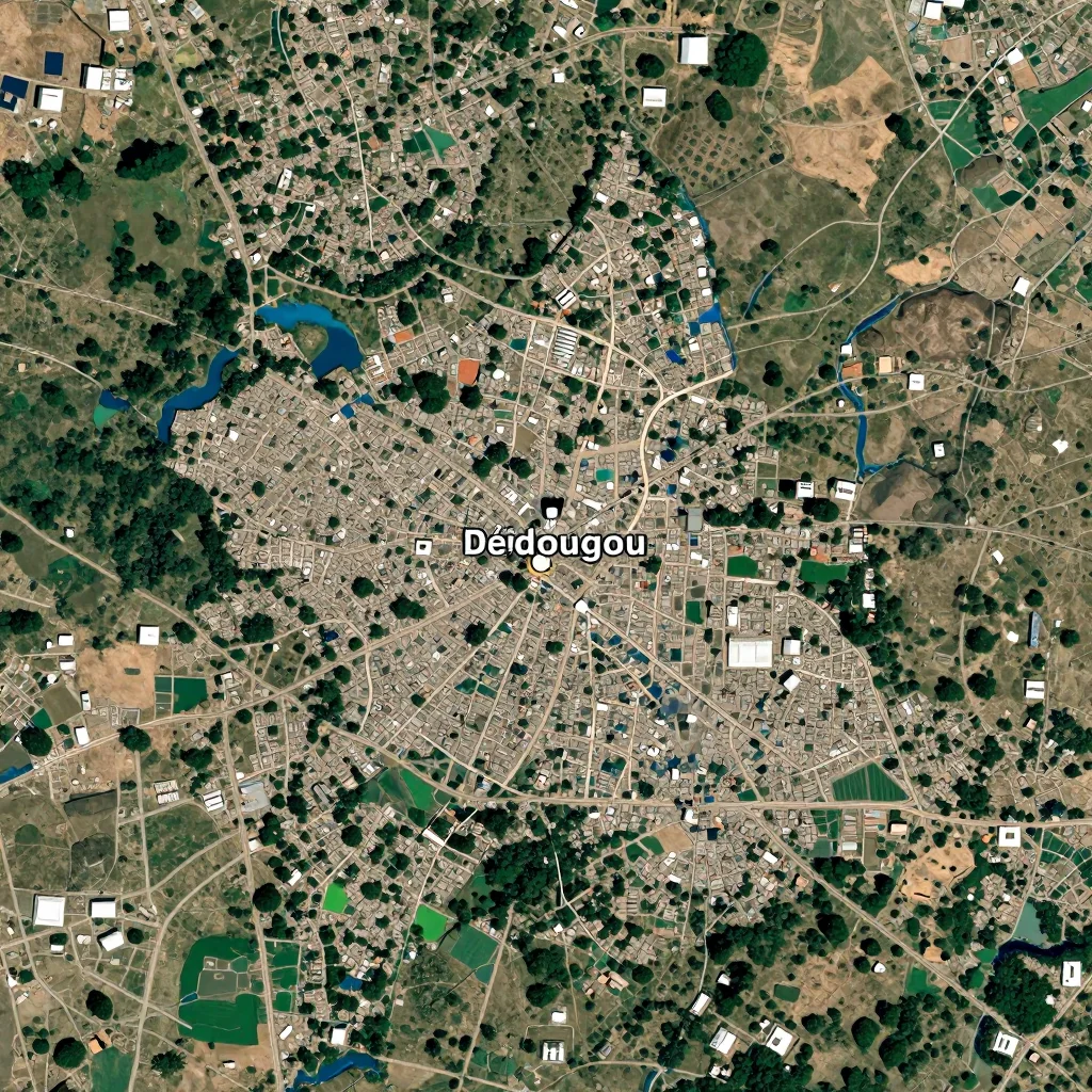 High-resolution satellite image of Dédougou, Burkina Faso showing land cover, urban areas, and natural features from space