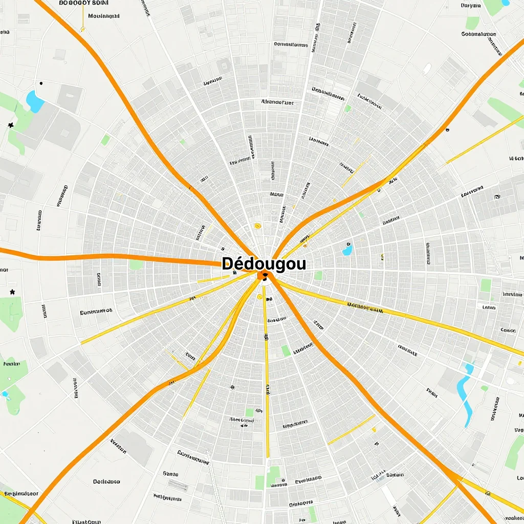Detailed street map showing roads, highways, neighborhoods, and urban layout of Dédougou, Burkina Faso