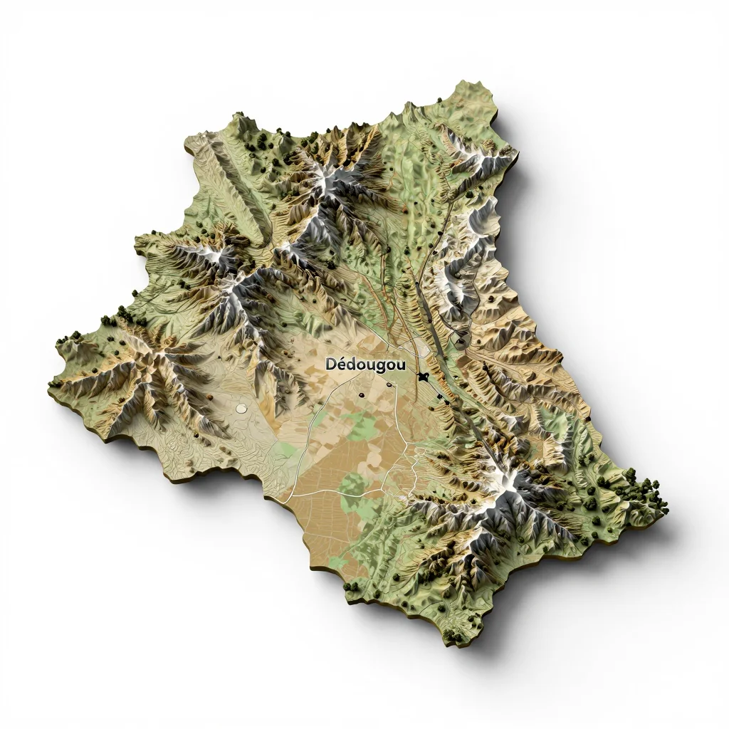 Isometric 3D topographic visualization showing elevation and terrain of Dédougou, Burkina Faso