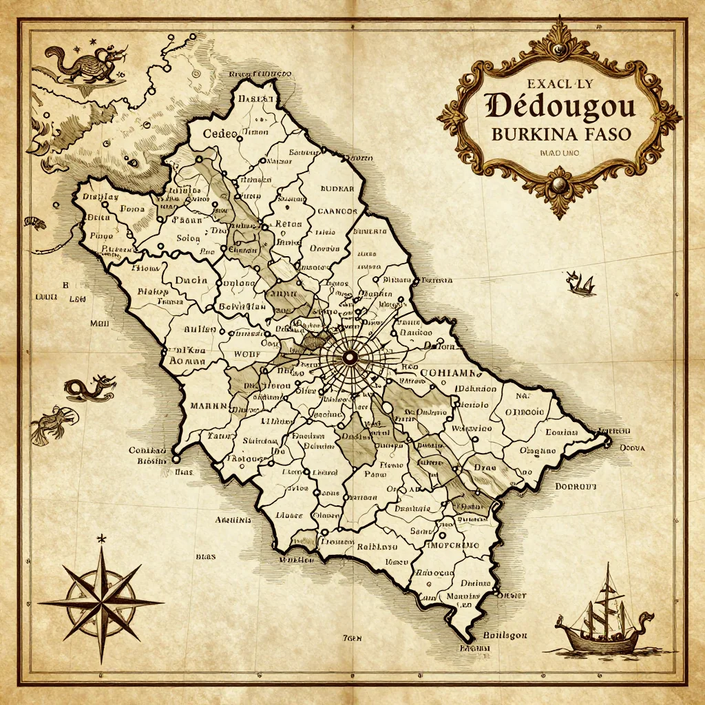 Antique vintage map of Dédougou, Burkina Faso showing historical cartography style