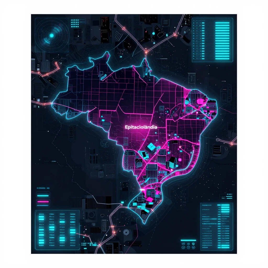 Cyberpunk style digital map of Epitaciolândia, Brazil with neon grid lines and futuristic UI design