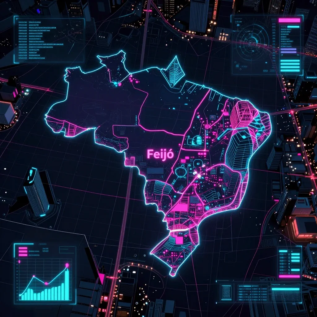 Cyberpunk style digital map of Feijó, Brazil with neon grid lines and futuristic UI design