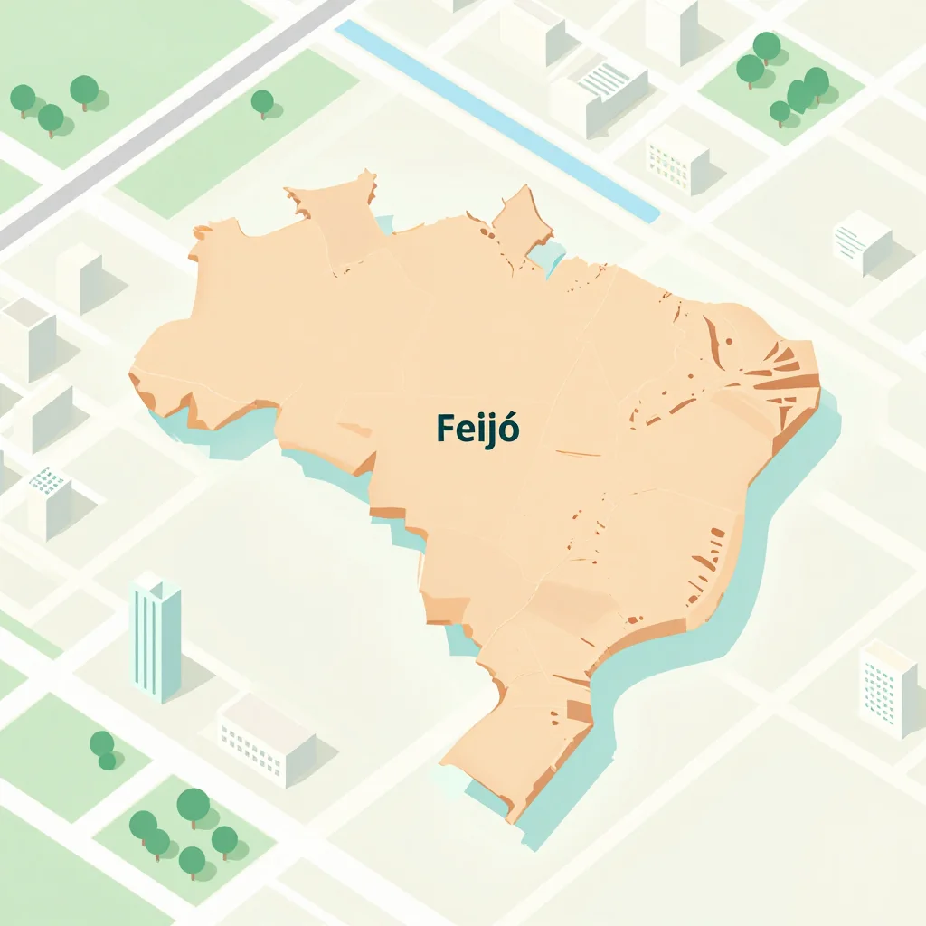 Isometric flat design tourist map of Feijó, Brazil showing landmarks, attractions, and points of interest