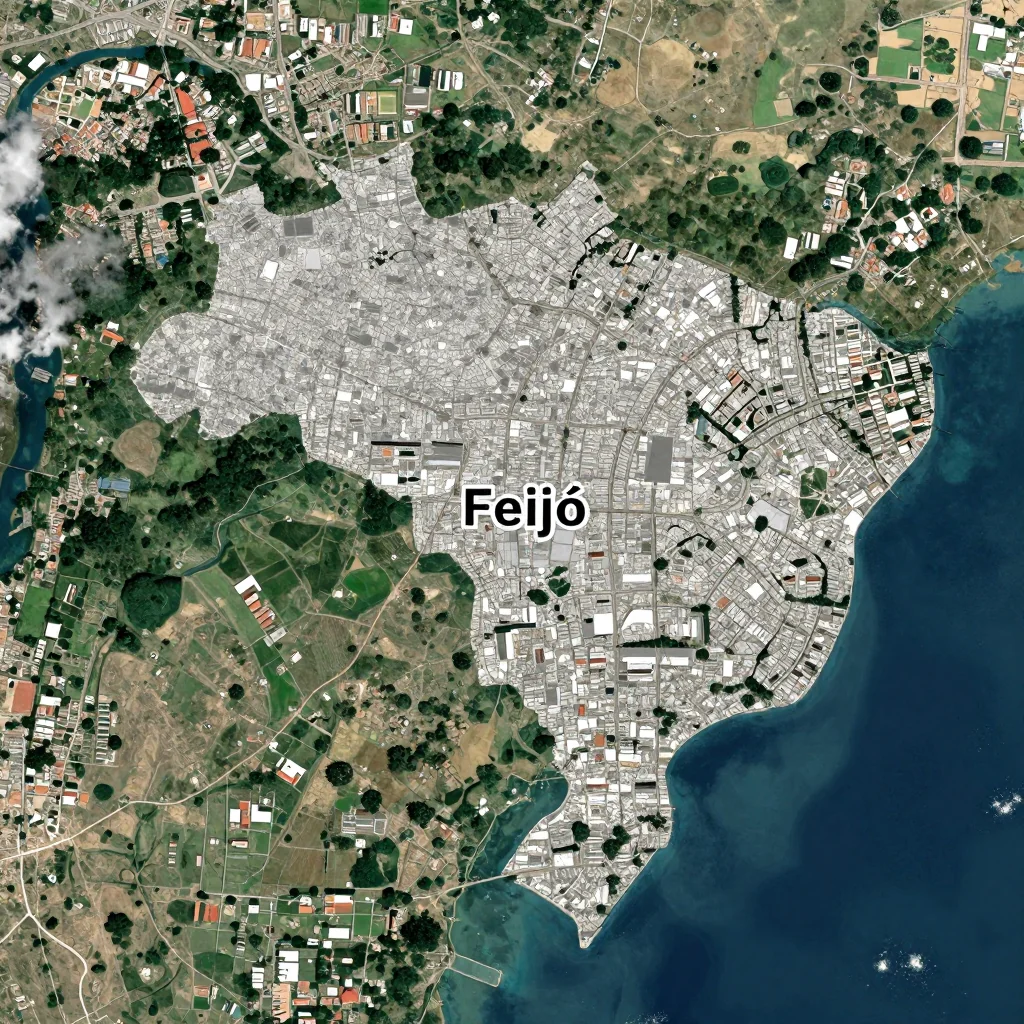 High-resolution satellite image of Feijó, Brazil showing land cover, urban areas, and natural features from space