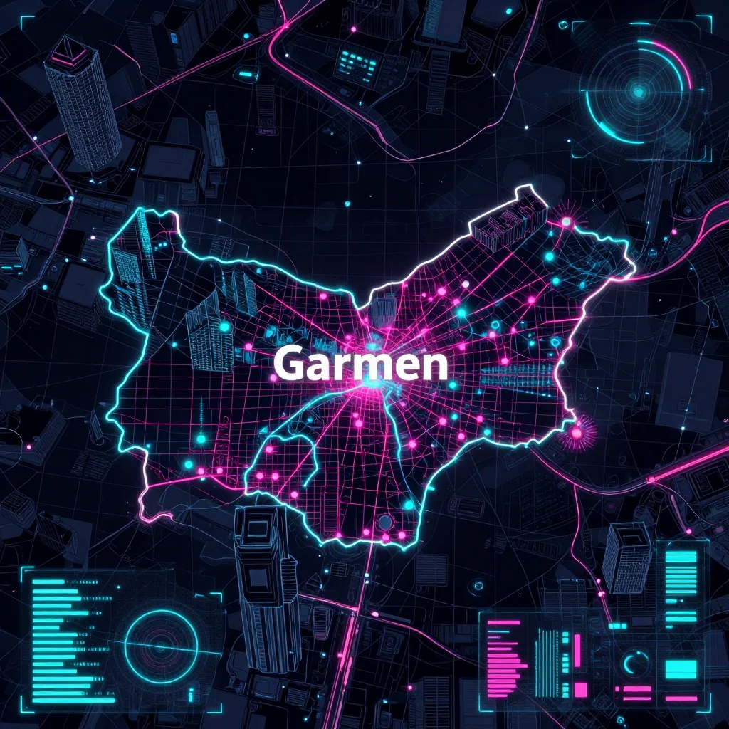 Cyberpunk style digital map of Garmen, Bulgaria with neon grid lines and futuristic UI design