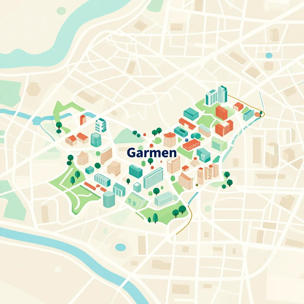 Isometric flat design tourist map of Garmen, Bulgaria showing landmarks, attractions, and points of interest