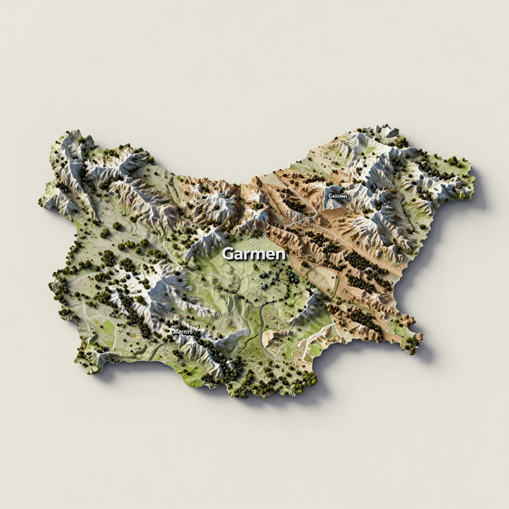 Isometric 3D topographic visualization showing elevation and terrain of Garmen, Bulgaria