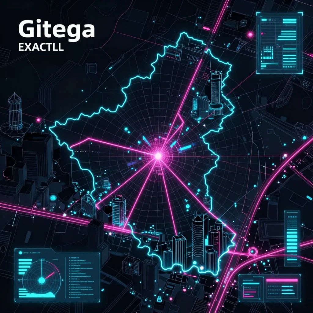 Cyberpunk style digital map of Gitega, Burundi with neon grid lines and futuristic UI design