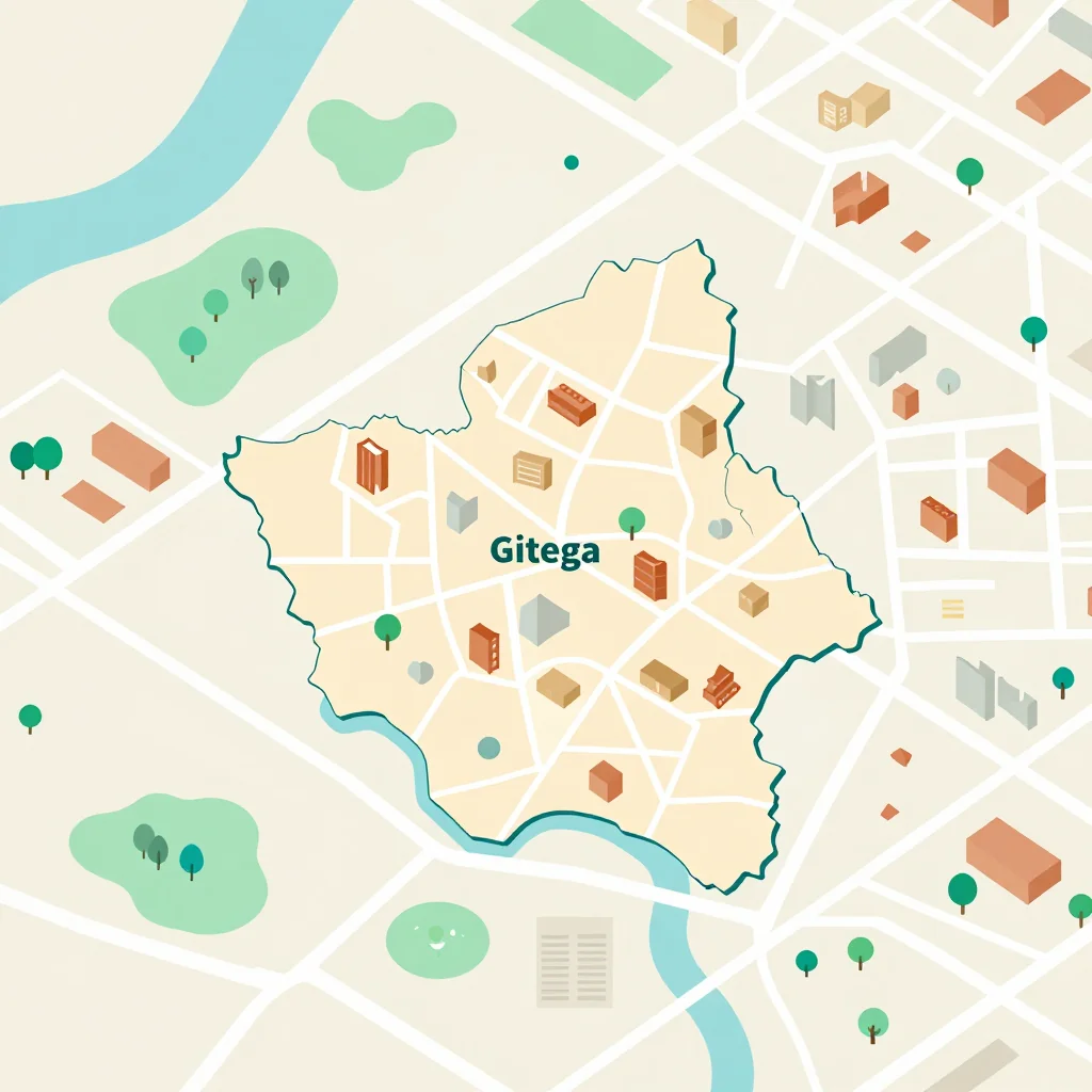Isometric flat design tourist map of Gitega, Burundi showing landmarks, attractions, and points of interest