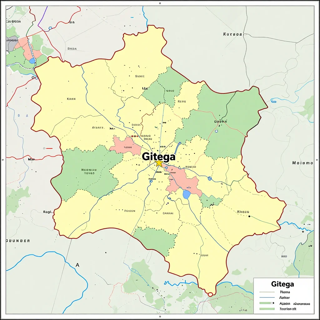 Political map showing borders, administrative divisions, major cities, and capital of Gitega, Burundi