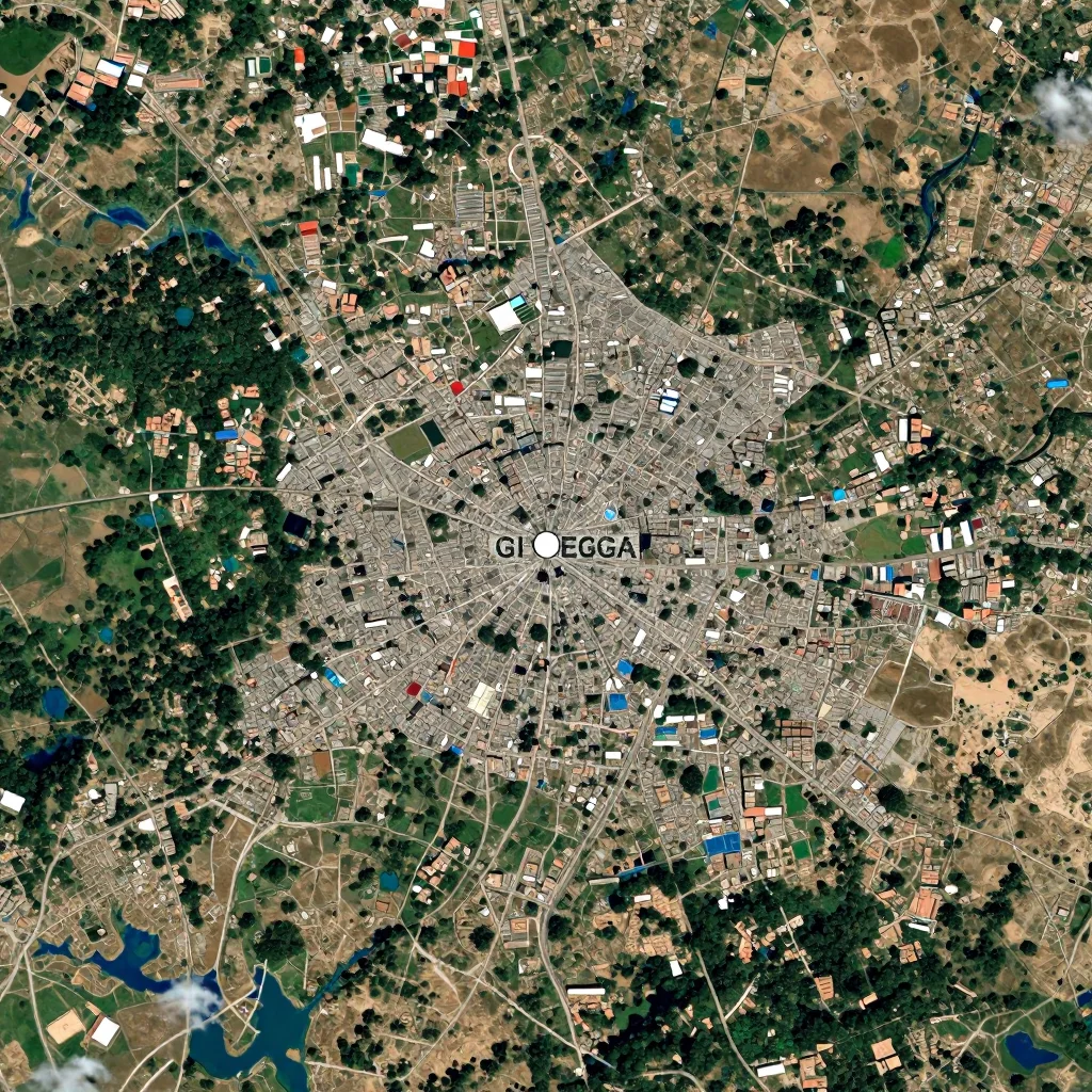 High-resolution satellite image of Gitega, Burundi showing land cover, urban areas, and natural features from space