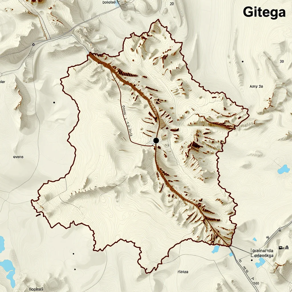 3D topographic map showing elevation contours, mountain ranges, and terrain features of Gitega, Burundi