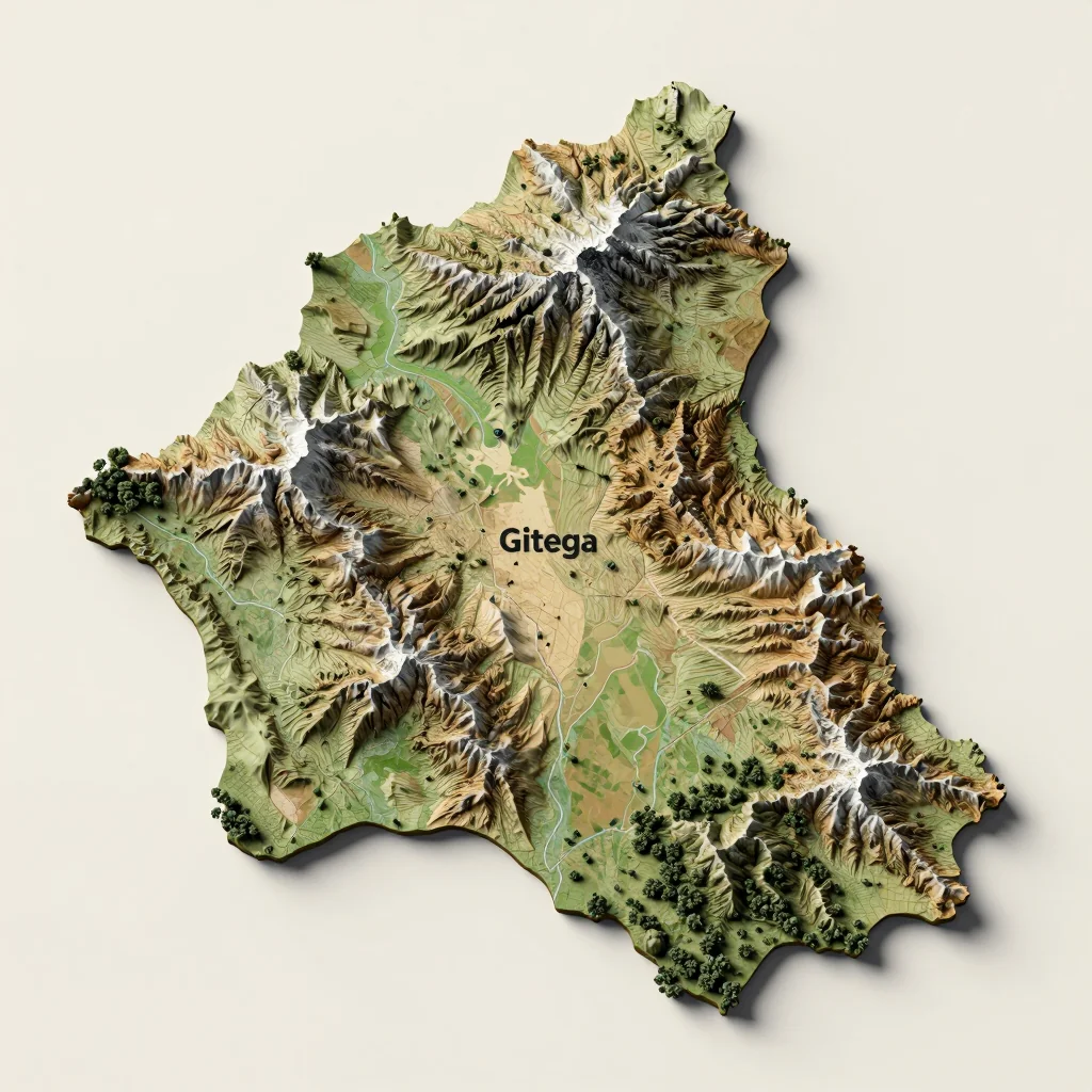 Isometric 3D topographic visualization showing elevation and terrain of Gitega, Burundi