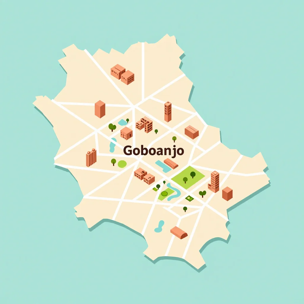 Isometric flat design tourist map of Gobojango, Botswana showing landmarks, attractions, and points of interest