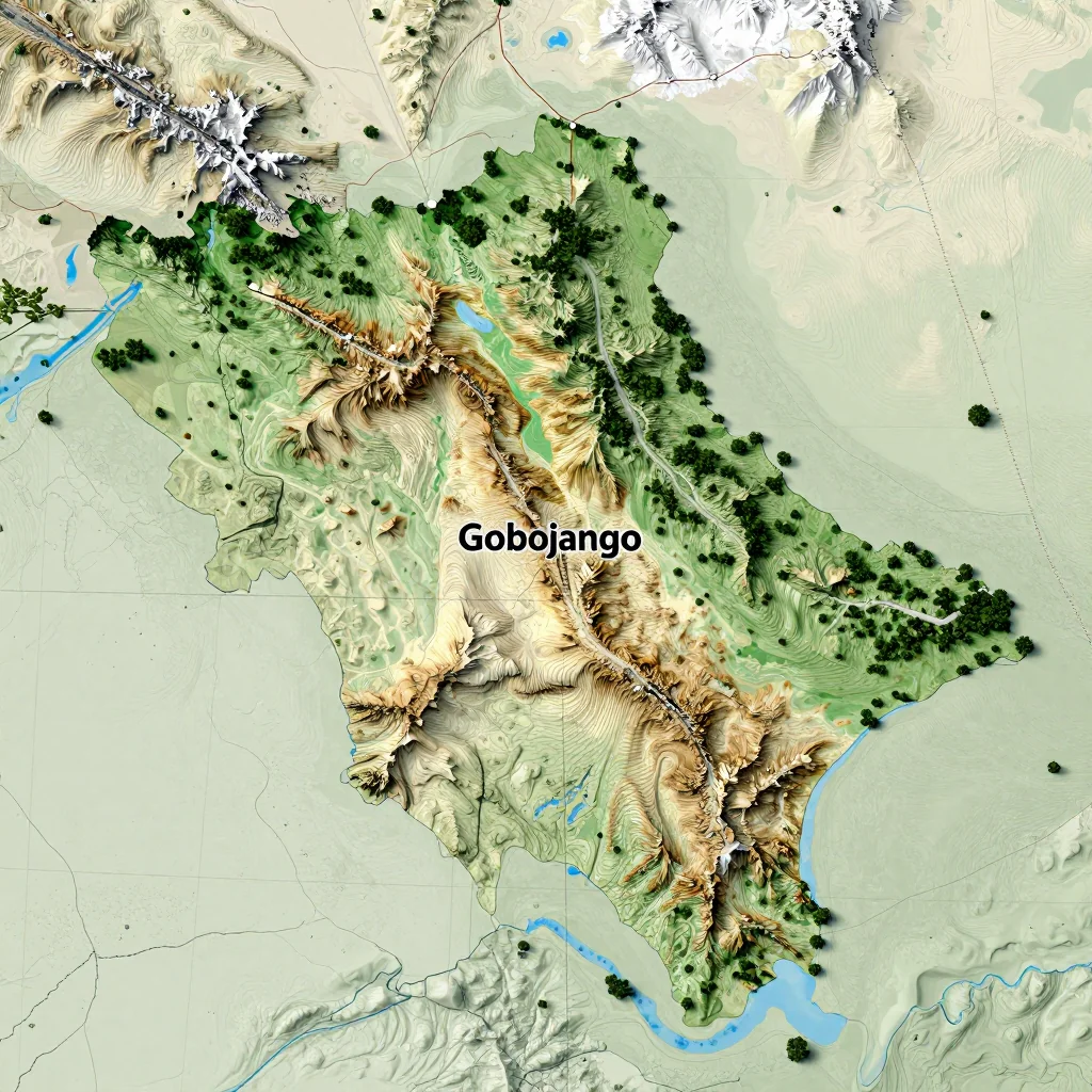 Physical geography map showing terrain, mountains, rivers, and natural features of Gobojango, Botswana
