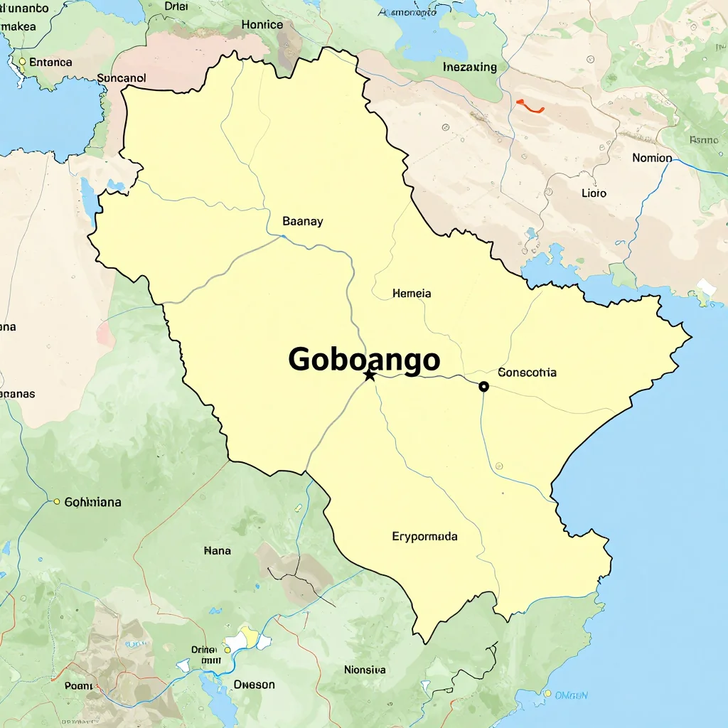Political map showing borders, administrative divisions, major cities, and capital of Gobojango, Botswana