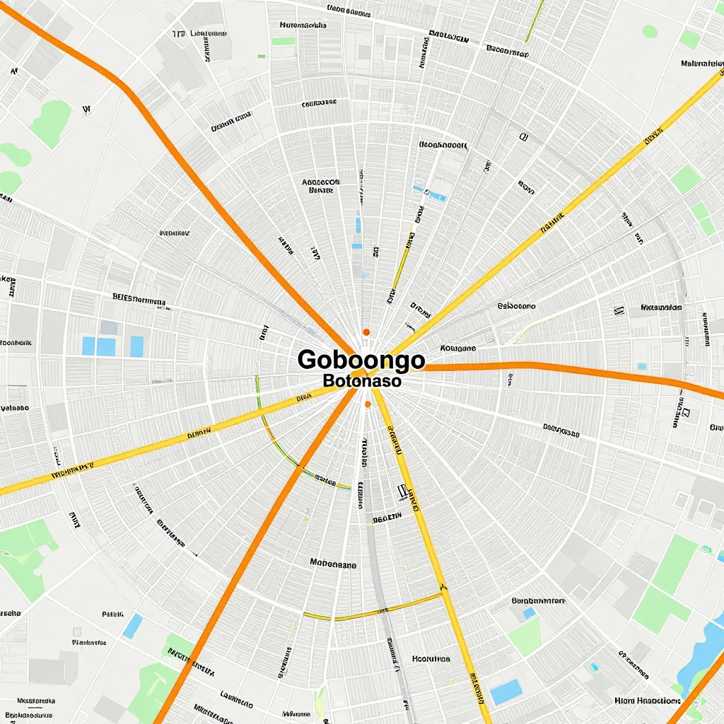 Detailed street map showing roads, highways, neighborhoods, and urban layout of Gobojango, Botswana