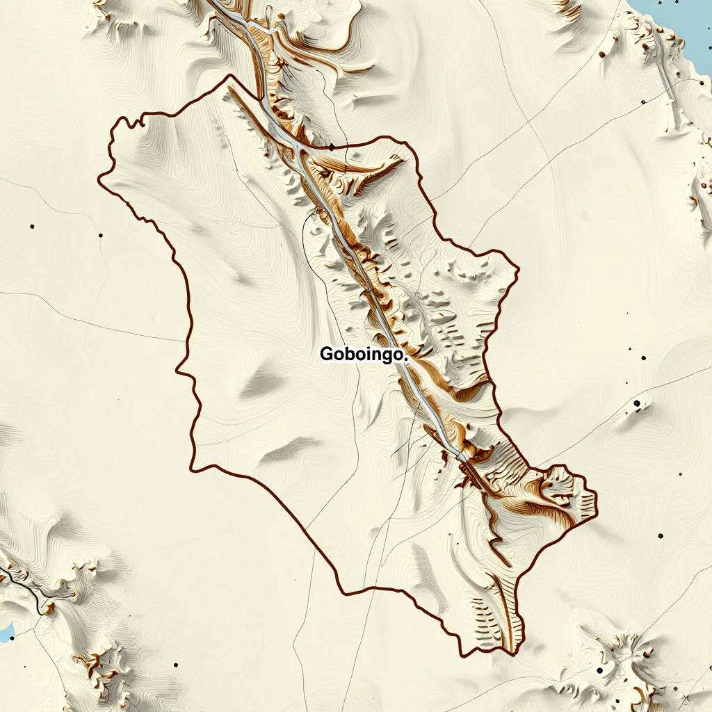3D topographic map showing elevation contours, mountain ranges, and terrain features of Gobojango, Botswana