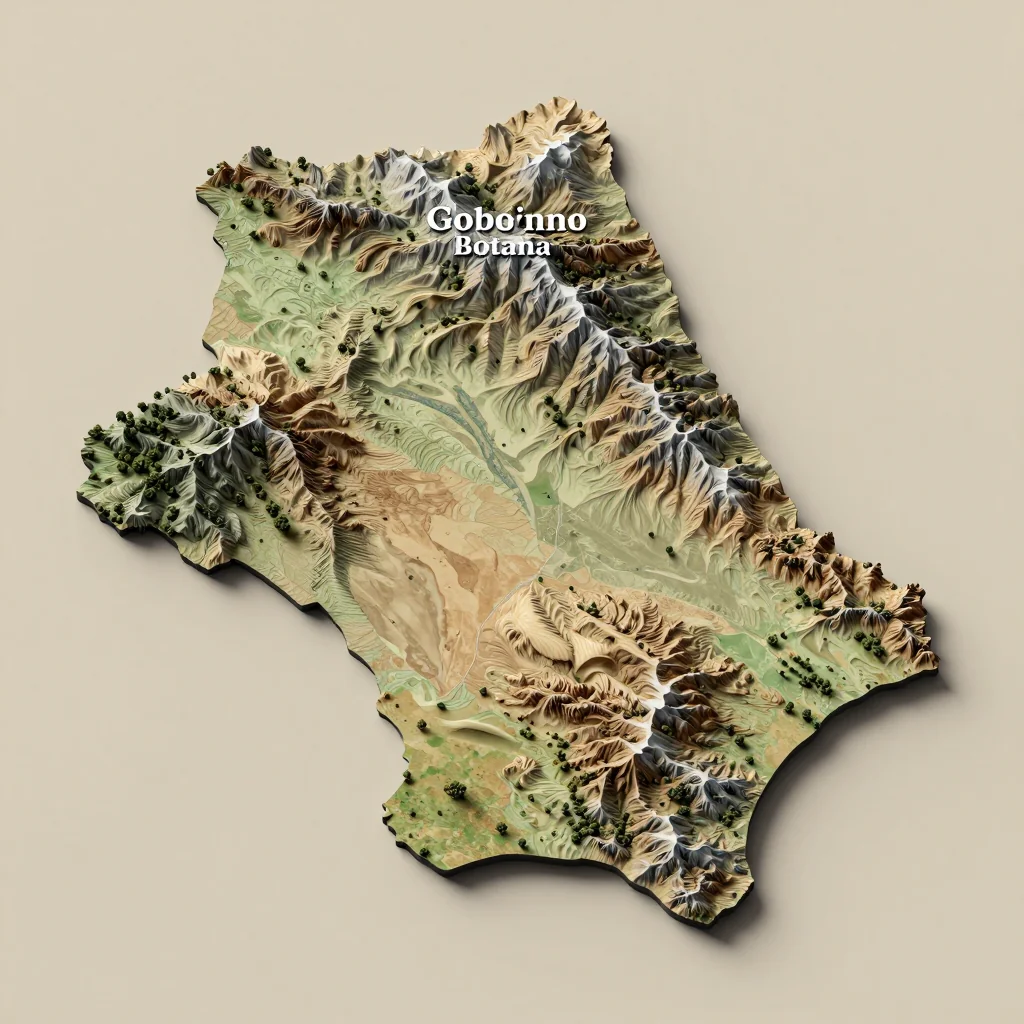 Isometric 3D topographic visualization showing elevation and terrain of Gobojango, Botswana