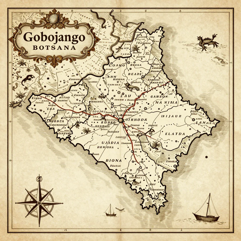 Antique vintage map of Gobojango, Botswana showing historical cartography style