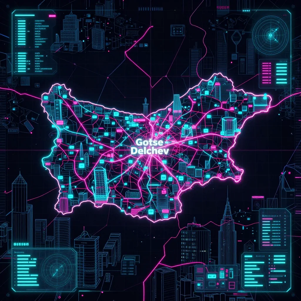 Cyberpunk style digital map of Gotse Delchev, Bulgaria with neon grid lines and futuristic UI design