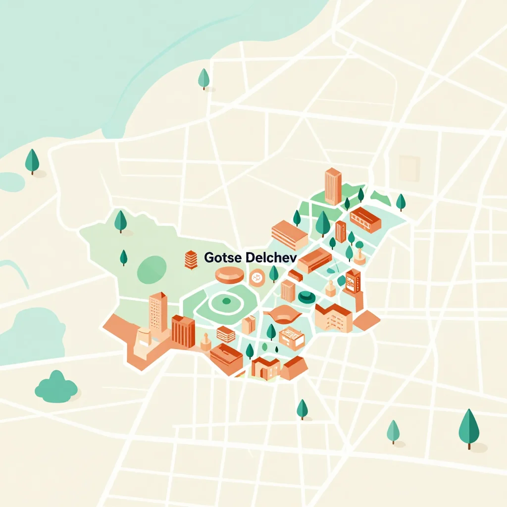 Isometric flat design tourist map of Gotse Delchev, Bulgaria showing landmarks, attractions, and points of interest