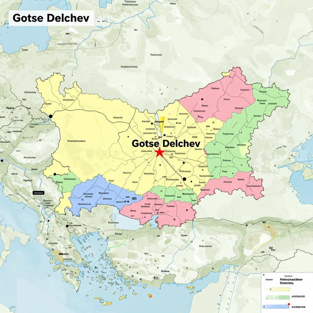 Political map showing borders, administrative divisions, major cities, and capital of Gotse Delchev, Bulgaria