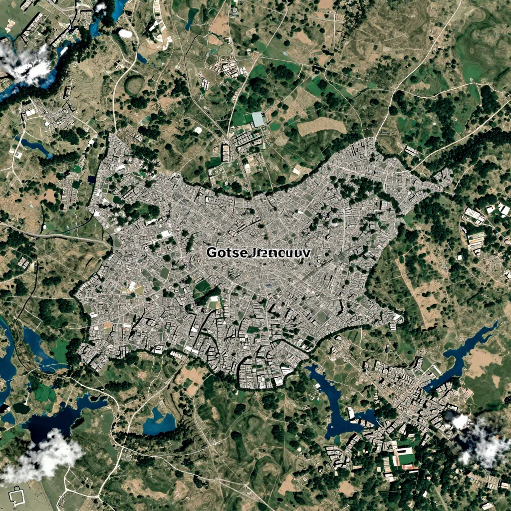 High-resolution satellite image of Gotse Delchev, Bulgaria showing land cover, urban areas, and natural features from space