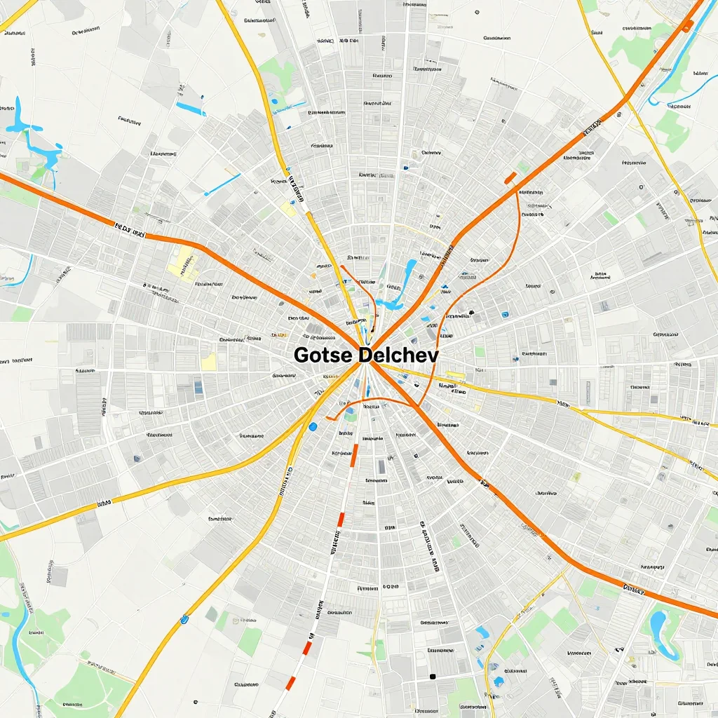 Detailed street map showing roads, highways, neighborhoods, and urban layout of Gotse Delchev, Bulgaria