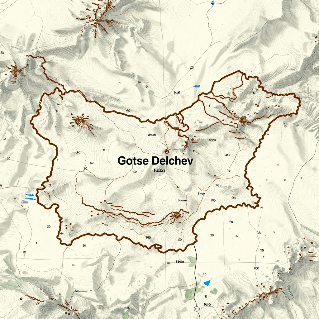 3D topographic map showing elevation contours, mountain ranges, and terrain features of Gotse Delchev, Bulgaria