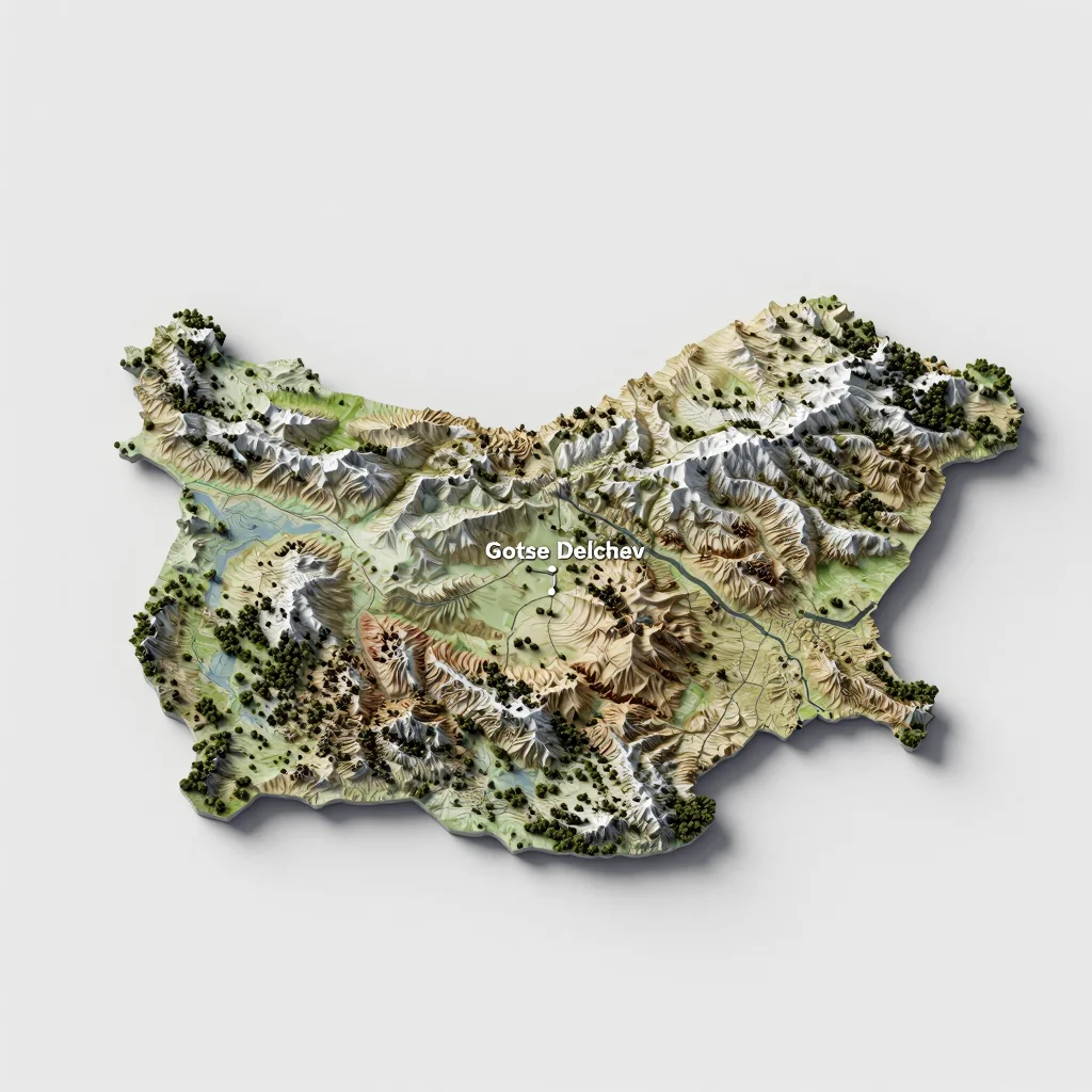 Isometric 3D topographic visualization showing elevation and terrain of Gotse Delchev, Bulgaria