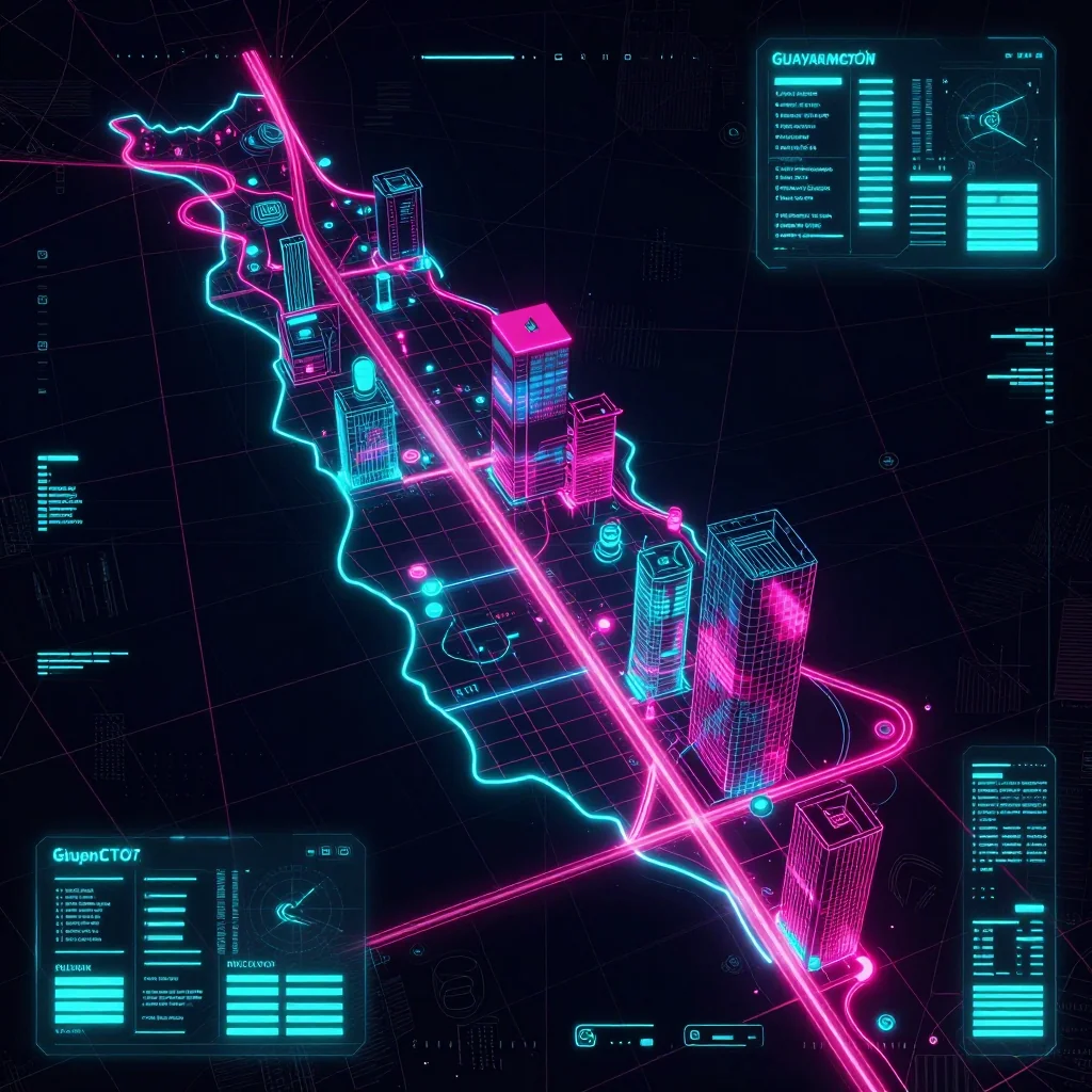 Cyberpunk style digital map of Guayaramerín, Bolivia with neon grid lines and futuristic UI design